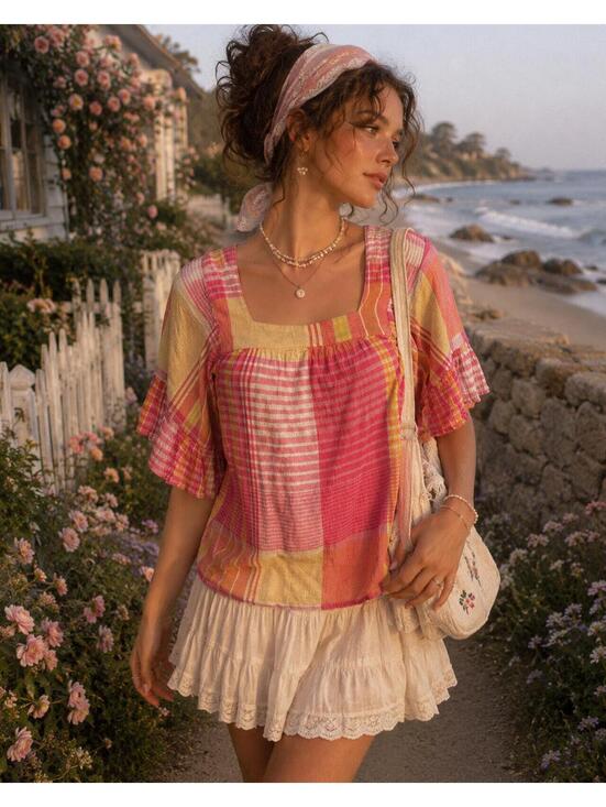 BeachLunchLounge Tops - BeachLunchLounge S/P Boho Cottage core Coastal Plaid Top.